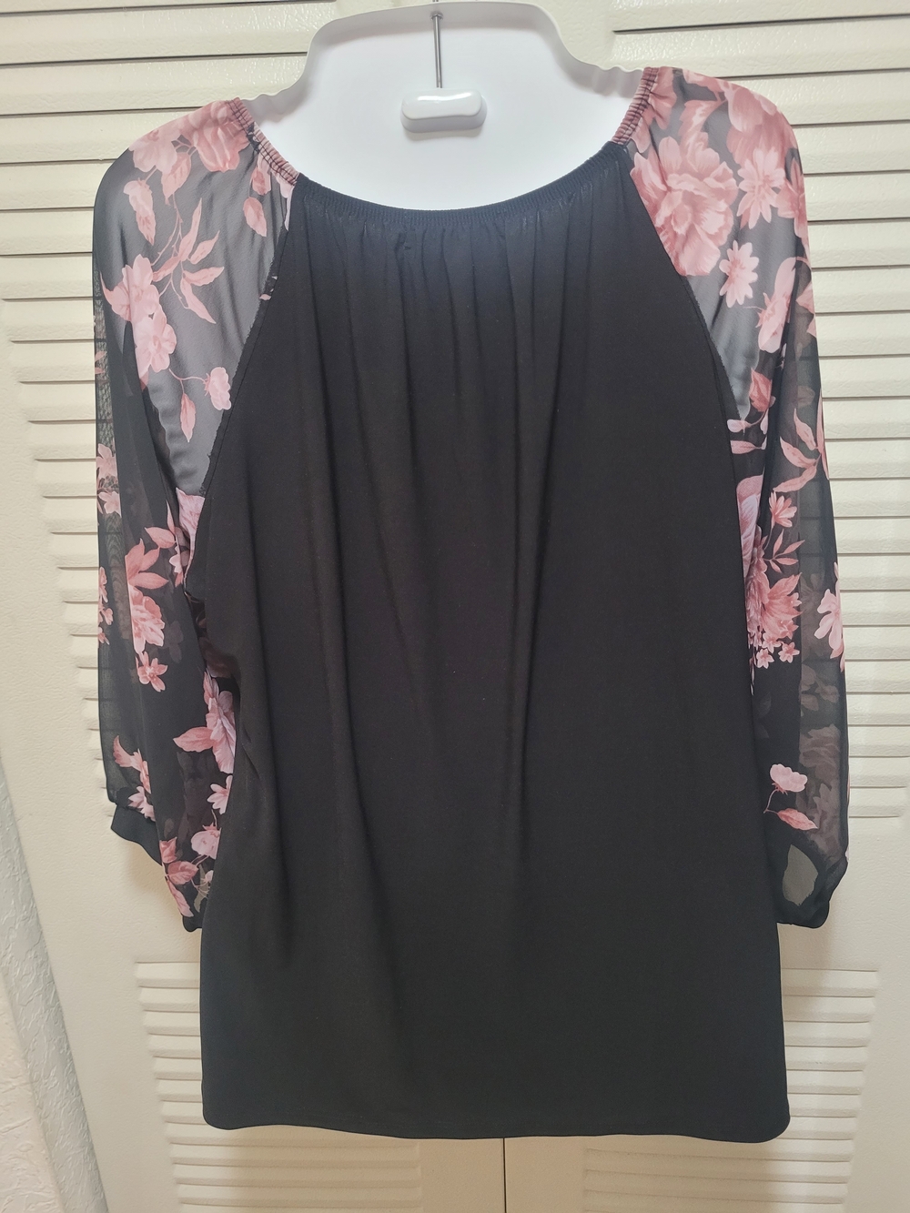 Mccoy Black Peasant Top with Pink Floral Sleeves - Picture 2 of 3